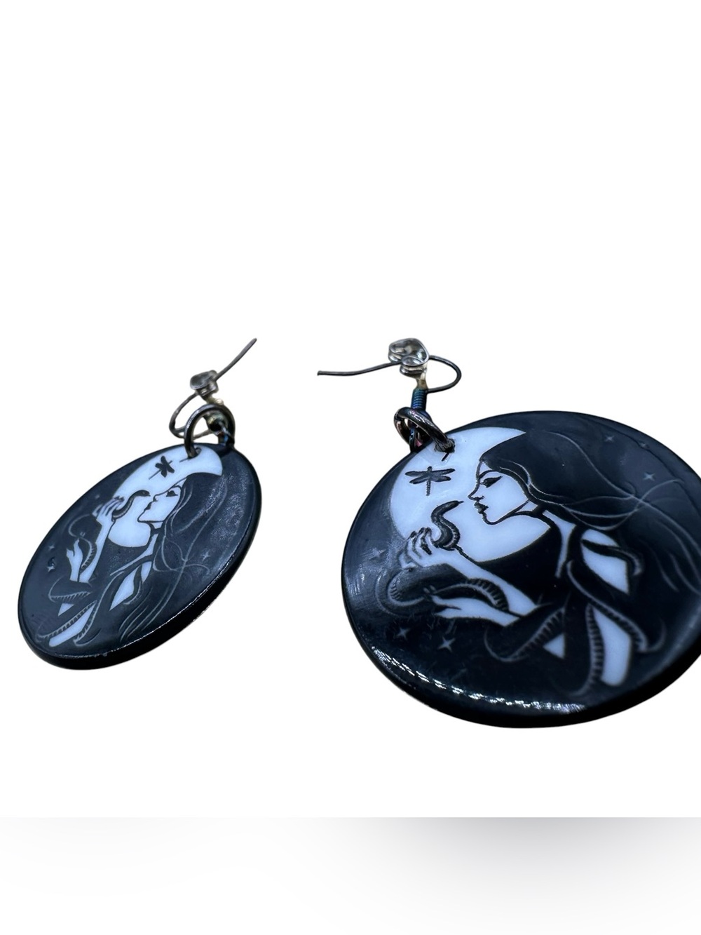 Black Moon Goddess Illustrated Dangle Earrings - Unbranded